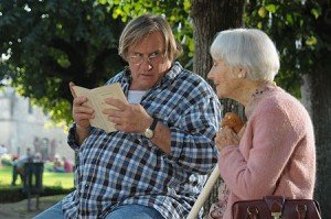 Gérard Depardieu practices his reading skills for Gisèle Casadesus in My Afternoons with Margueritte. Gérard Depardieu practices his reading skills for Gisèle Casadesus in My Afternoons with Margueritte.
